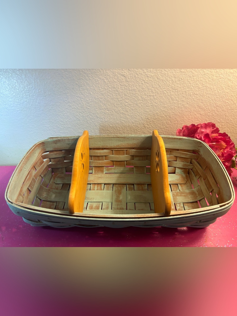 LONGABERGER 1989 Bread Basket Chalk Painted & Waxed w/ 2 Wood Dividers